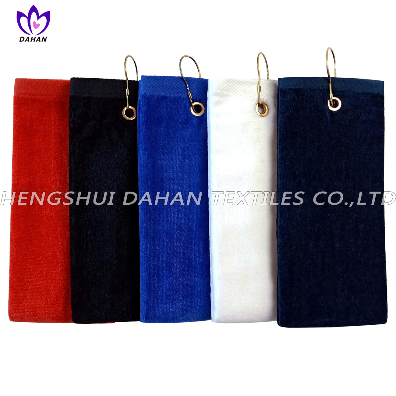 100% cotton solid color golf towel with a metal pothook.