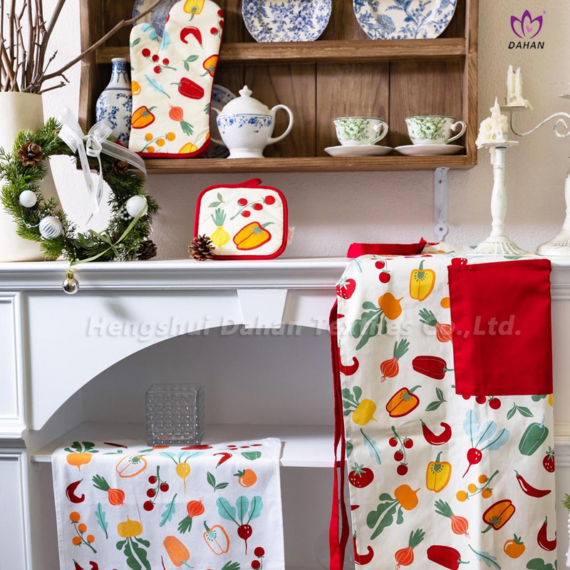 Printing apron+glove+potholder+kitchen towel. 4pk